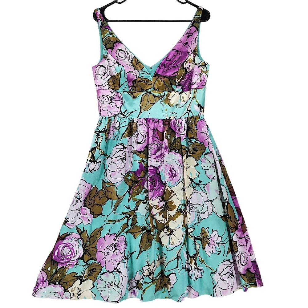 Adrianna Papell Silk Dress 10 Teal Purple Floral Fit Flare Cocktail Party Fairy - Picture 2 of 15